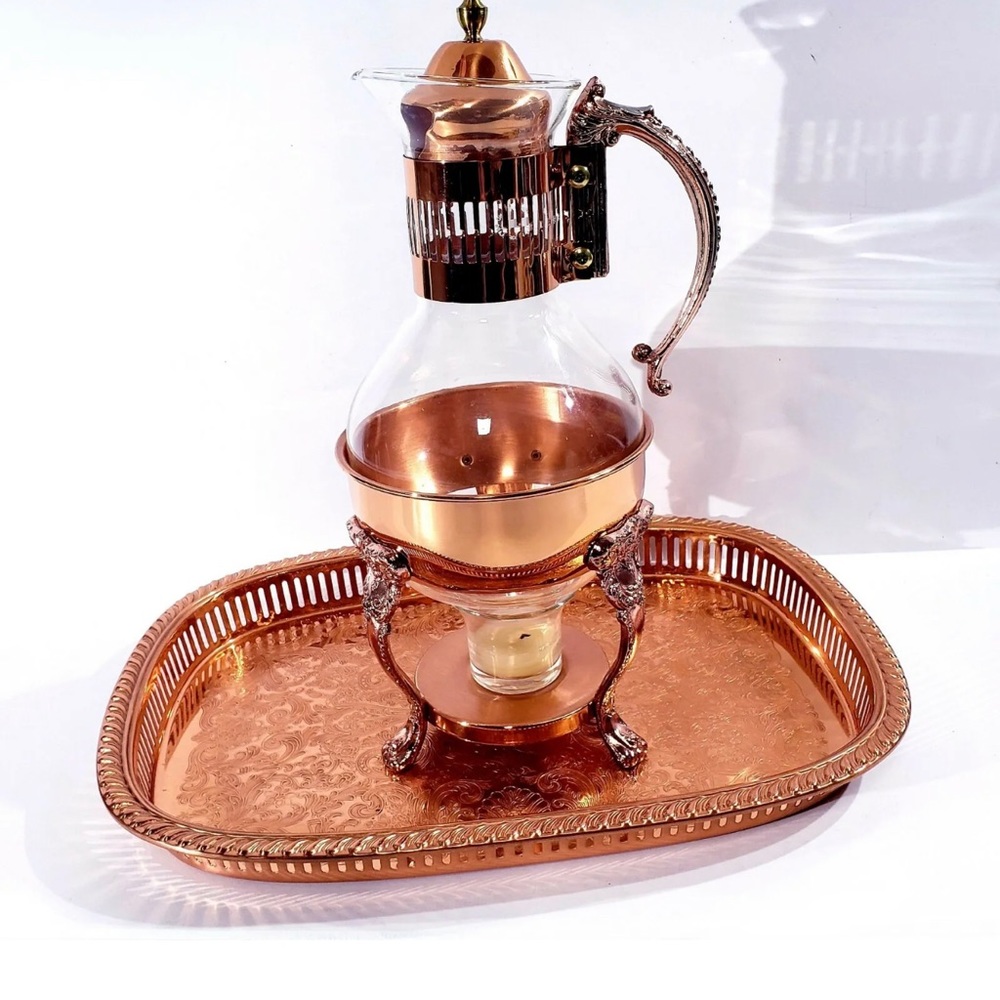 Vintage Carafe Corning Copper and Glass Coffee Server w/Warming Stand and Tray.